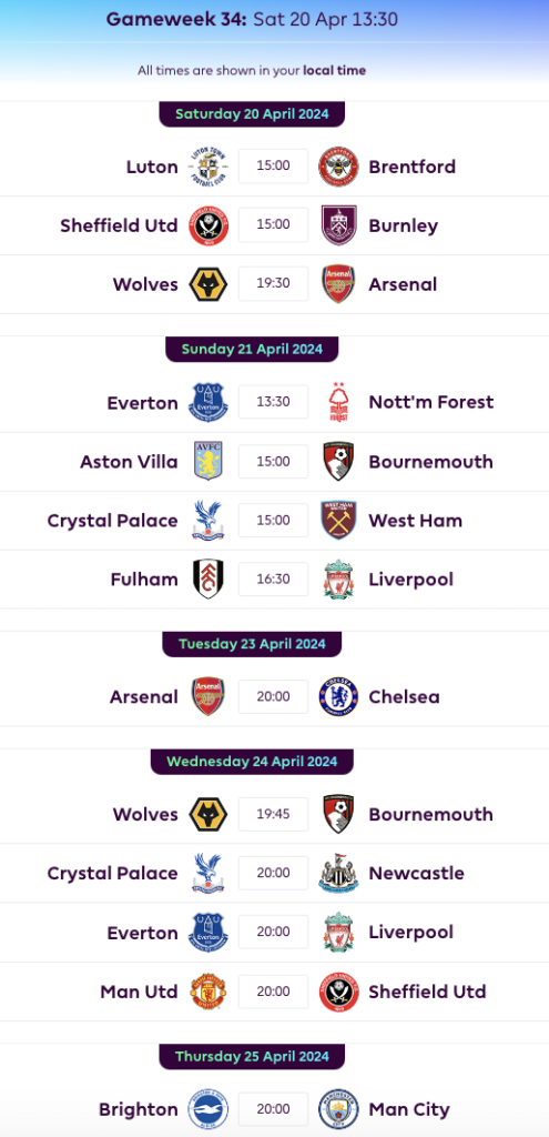 FPL GW34 Fixtures